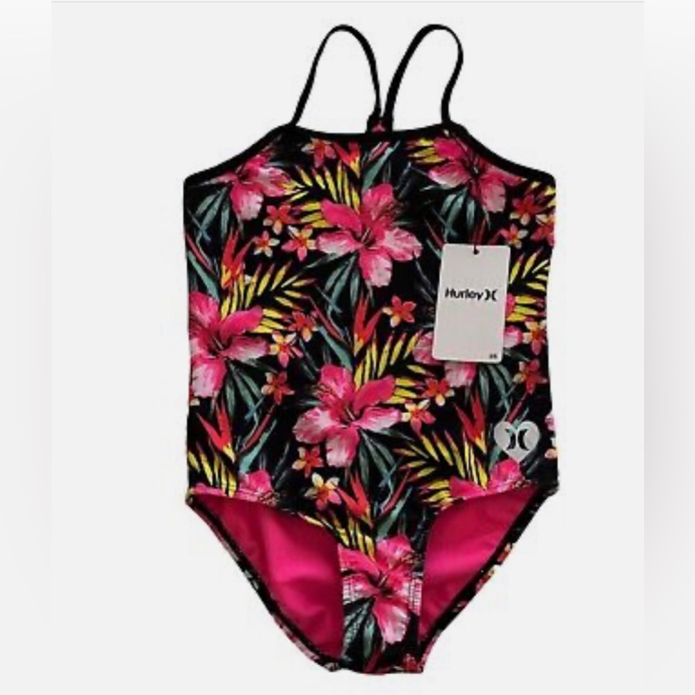 Hurley Girl’s Swimsuit Black Pink Floral One-Piece Quick Dry Swimsuit UPF 50+